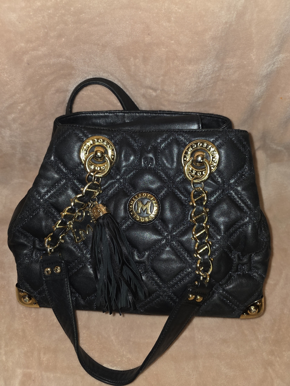 Quilted Black Leather Shoulder Bag with Gold Hardware